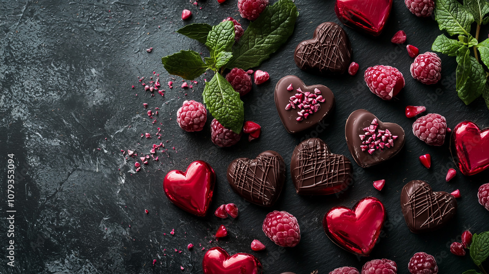 Heart-shaped chocolates and raspberries scattered on a dark surface. Heart-shaped chocolates and raspberries scattered on a dark surface.