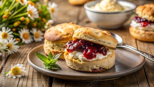 Scone with Clotted Cream and Jam with Wildflowers