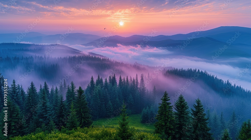 Fototapeta premium Misty sunrise over a dense forest of evergreen trees in the mountains.