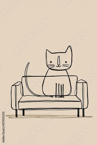 Modern Illustration of a Cat on a Couch, Ideal for Minimalist Spaces