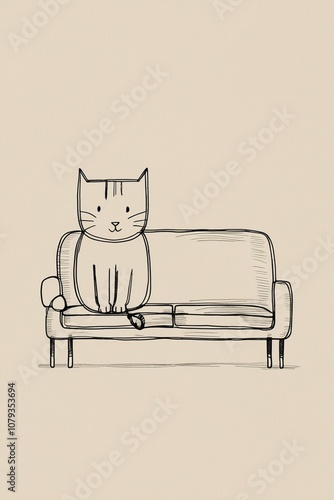 Black Line Art Cat Seated on a Sofa, Perfect for Contemporary Decor Lovers