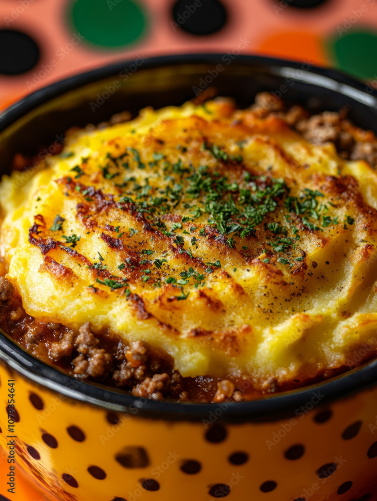 Shepherd's pie with mashed potatoes and meat in a bowl.