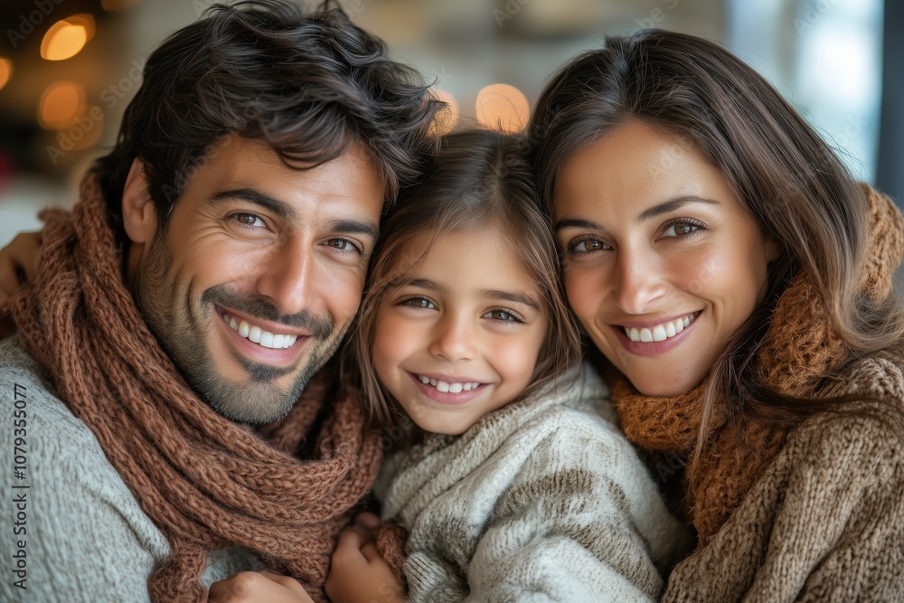 Smiling Family in Cozy Sweaters with Baby in Winter Atmosphere, Celebrating with Warm Expressions Smiling Family in Cozy Sweaters with Baby in Winter Atmosphere, Celebrating with Warm Expressions