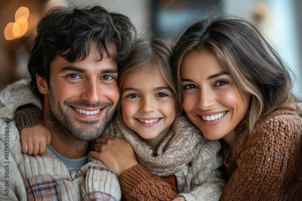 Smiling Family in Cozy Sweaters with Baby in Winter Atmosphere, Celebrating with Warm Expressions Smiling Family in Cozy Sweaters with Baby in Winter Atmosphere, Celebrating with Warm Expressions