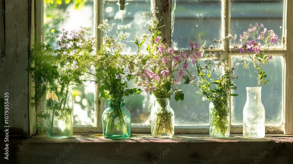 Bright Flowers in Glass Jars on a Sunlit Windowsill Inside a Cozy Home Bright Flowers in Glass Jars on a Sunlit Windowsill Inside a Cozy Home