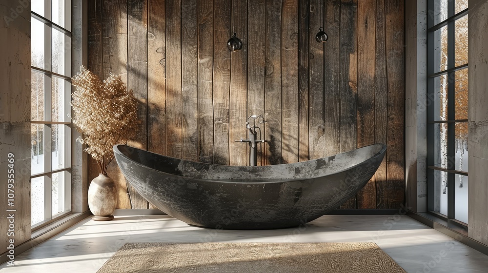 Modern bathtub in rustic bathroom with wooden walls, large windows and natural light. Modern bathtub in rustic bathroom with wooden walls, large windows and natural light.