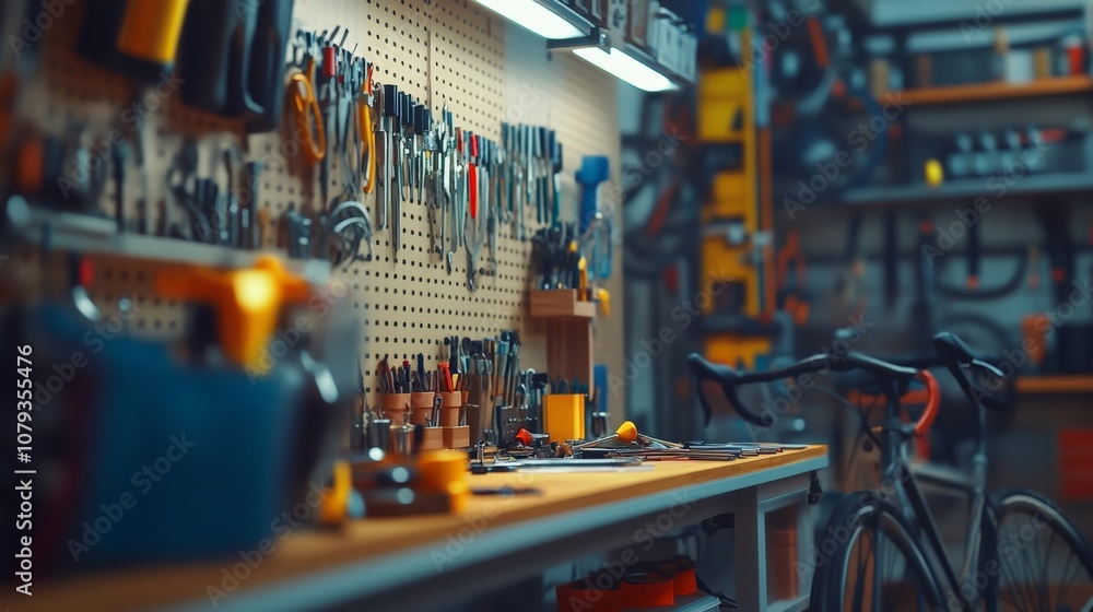 A well-organized workshop with tools and a bicycle ready for repair in a cozy space. A well-organized workshop with tools and a bicycle ready for repair in a cozy space.