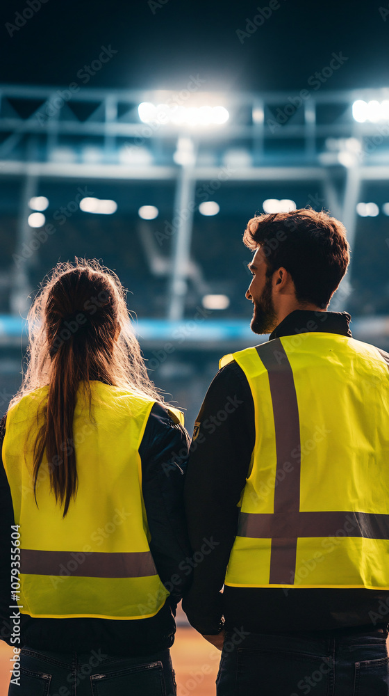 Two workers in safety vests having a conversation in a brightly lit stadium at night Two workers in safety vests having a conversation in a brightly lit stadium at night
