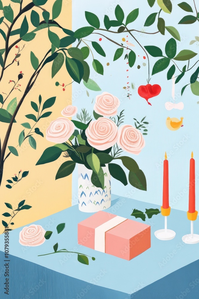 Naklejka premium Illustration of a bouquet of roses with a gift box and candles on a table in a festive setting for a celebration