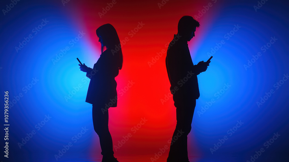 Silhouette of two people using phones, colorful backdrop Silhouette of two people using phones, colorful backdrop