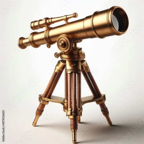 A bronze telescope mounted on a tripod against a w hite background. AI generated. photo