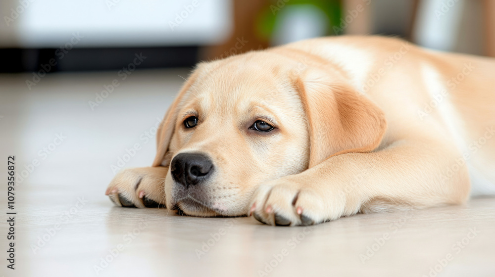A relaxed golden retriever puppy lying on a floor indoors during daylight A relaxed golden retriever puppy lying on a floor indoors during daylight