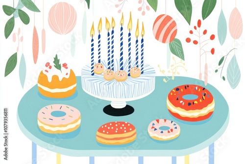 Happy Hanukkah coloring book page featuring traditional symbols like a menorah donuts and festive decorations with ample space for creativity photo