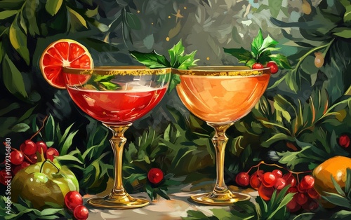 New Years Eve Cocktail Glasses with Golden Rim: Elegant cocktail glasses with a golden rim, filled with festive drinks and garnished with fresh fruit, on a decorative background