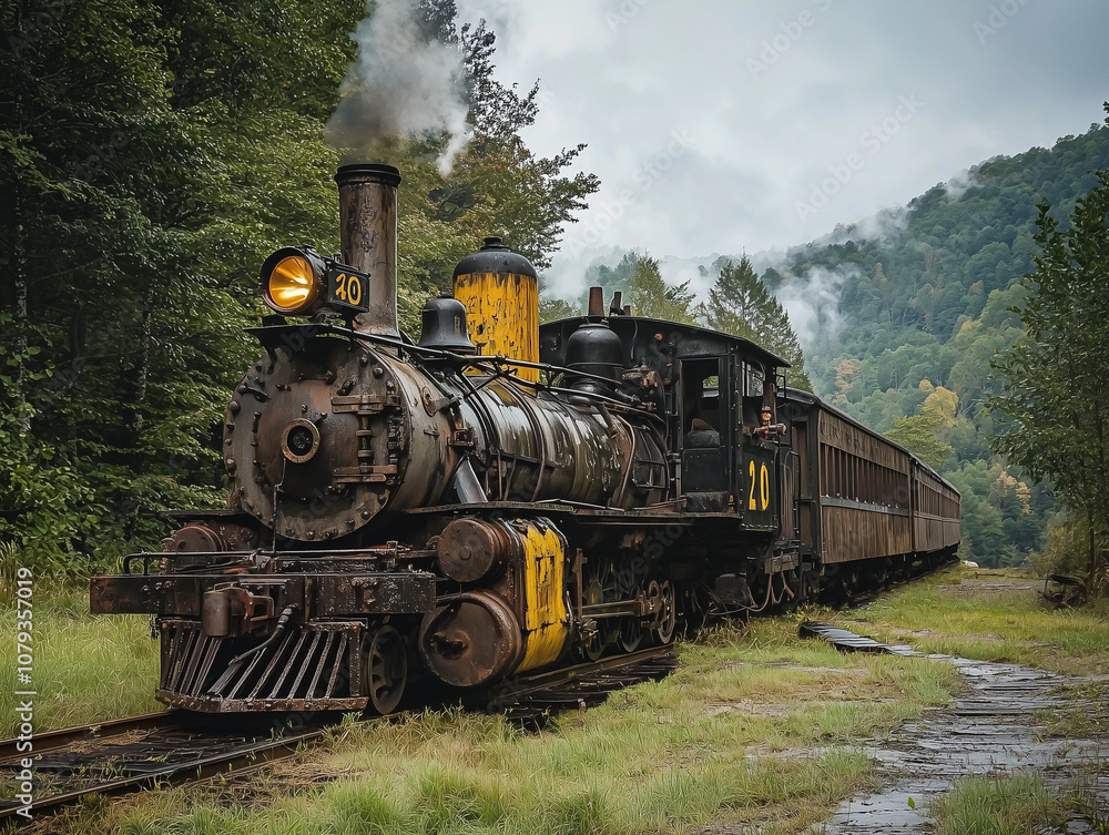 Naklejka premium A rusty, old steam train traveling along tracks through a forested mountain landscape on a cloudy day.