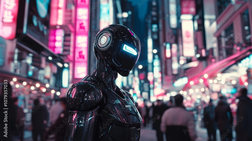 Futuristic Robot in a Neon City - A striking view of a robotic figure against vibrant lights, highlighting technology and urban life. Futuristic Robot in a Neon City - A striking view of a robotic figure against vibrant lights, highlighting technology and urban life.