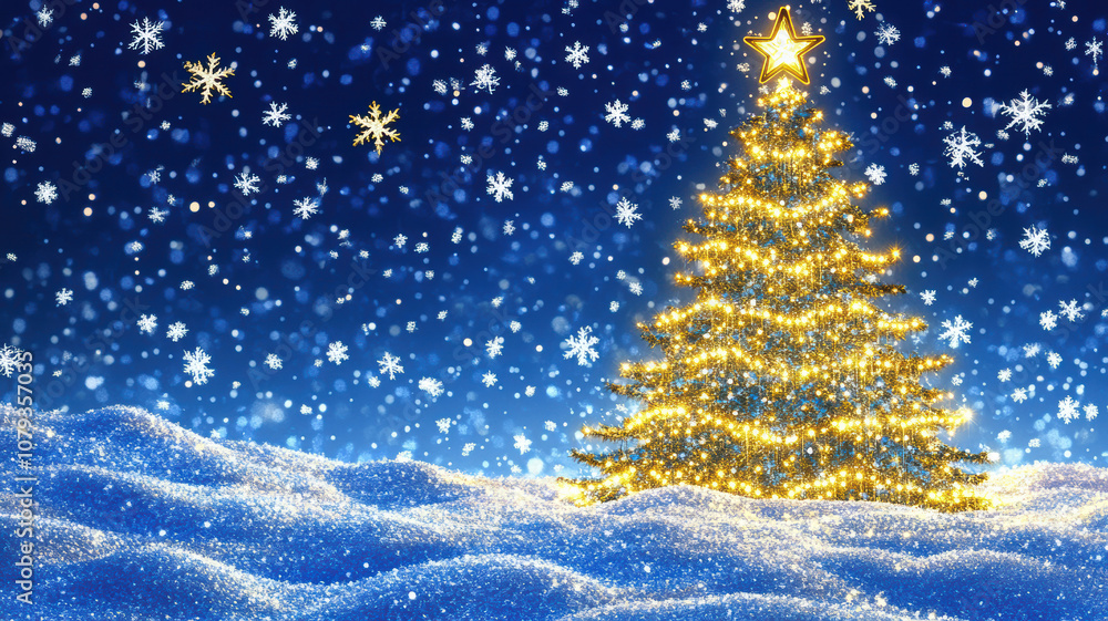 Christmas tree of glowing light waves with snowflakes