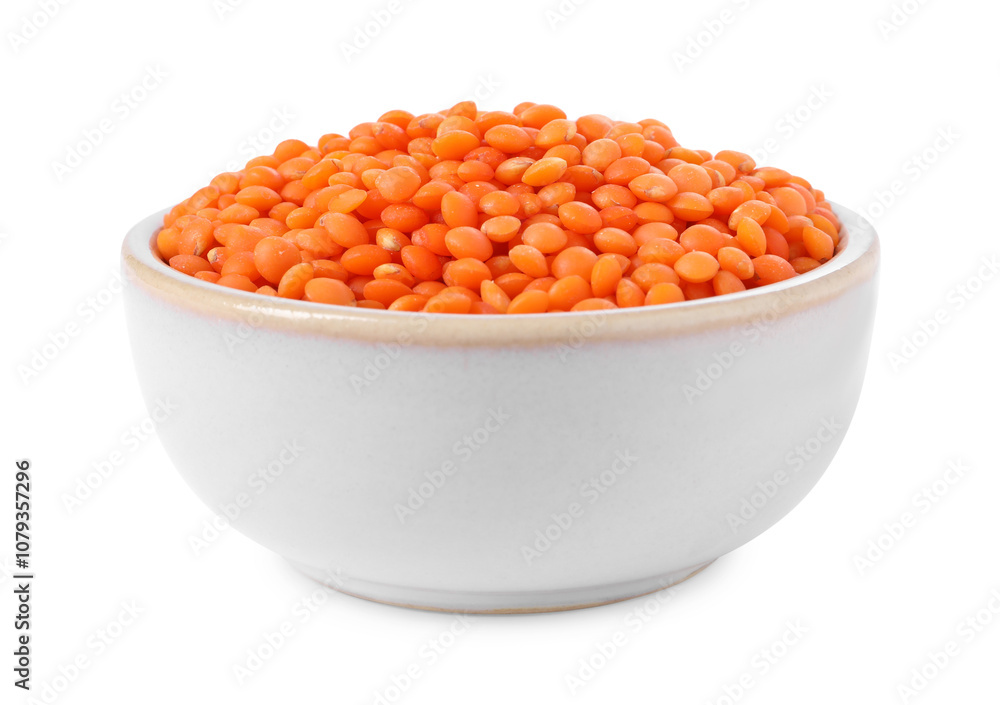 Raw lentils in bowl isolated on white Raw lentils in bowl isolated on white