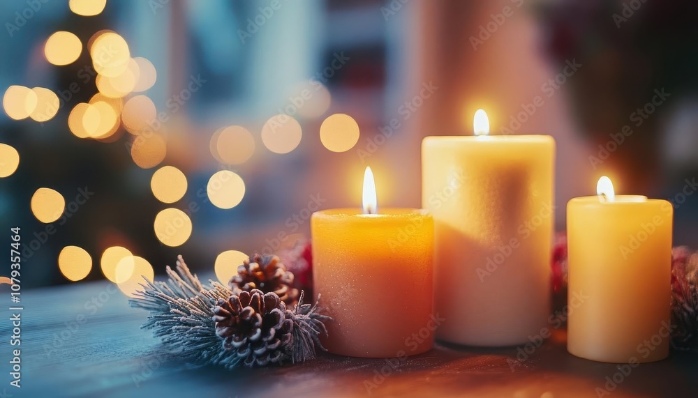 Holiday candles and lights with vibrant glow, soft lighting, cozy winter atmosphere Holiday candles and lights with vibrant glow, soft lighting, cozy winter atmosphere