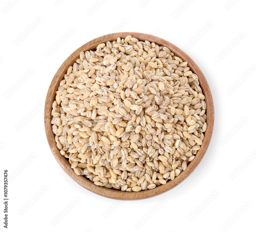 Pearl barley groats in bowl isolated on white, top view Pearl barley groats in bowl isolated on white, top view