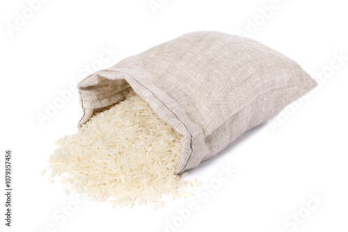 Raw rice in sack isolated on white