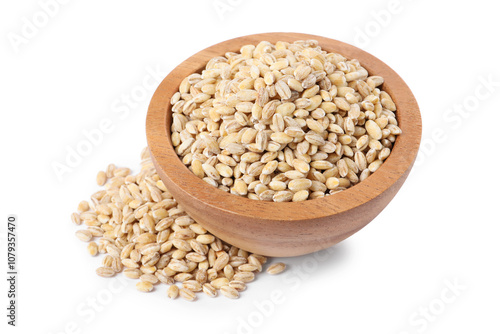 Pearl barley groats in bowl isolated on white