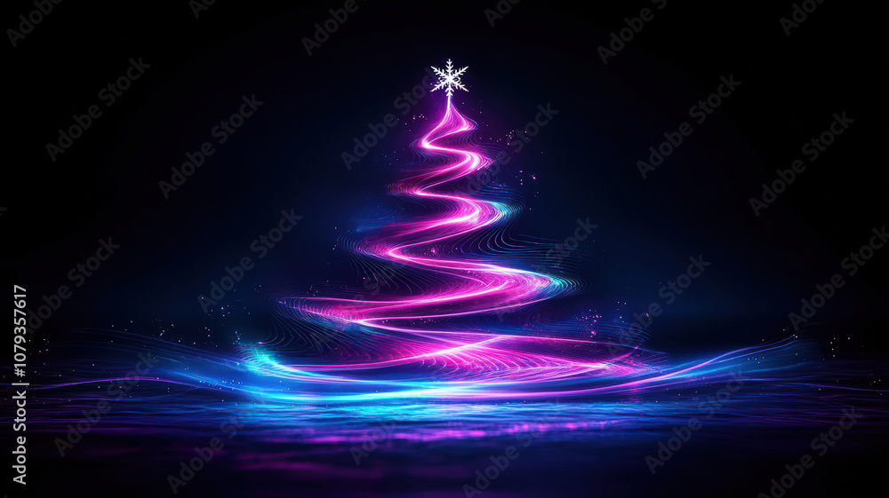 Sparkling Christmas tree with blue waves