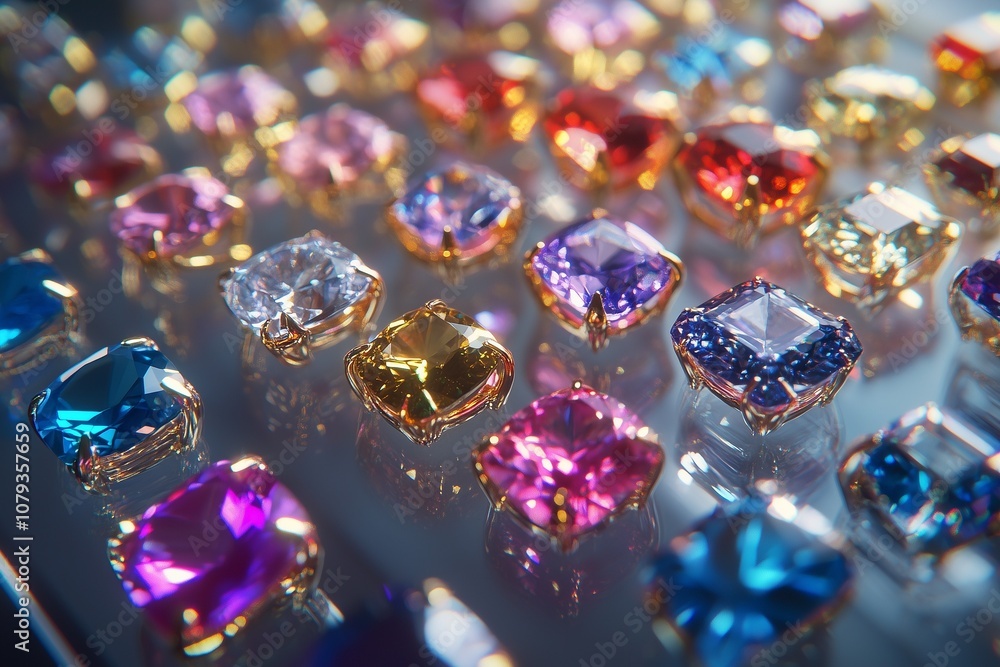 An array of gemstone rings in various cuts and colors, elegantly arranged on a glass display tray An array of gemstone rings in various cuts and colors, elegantly arranged on a glass display tray