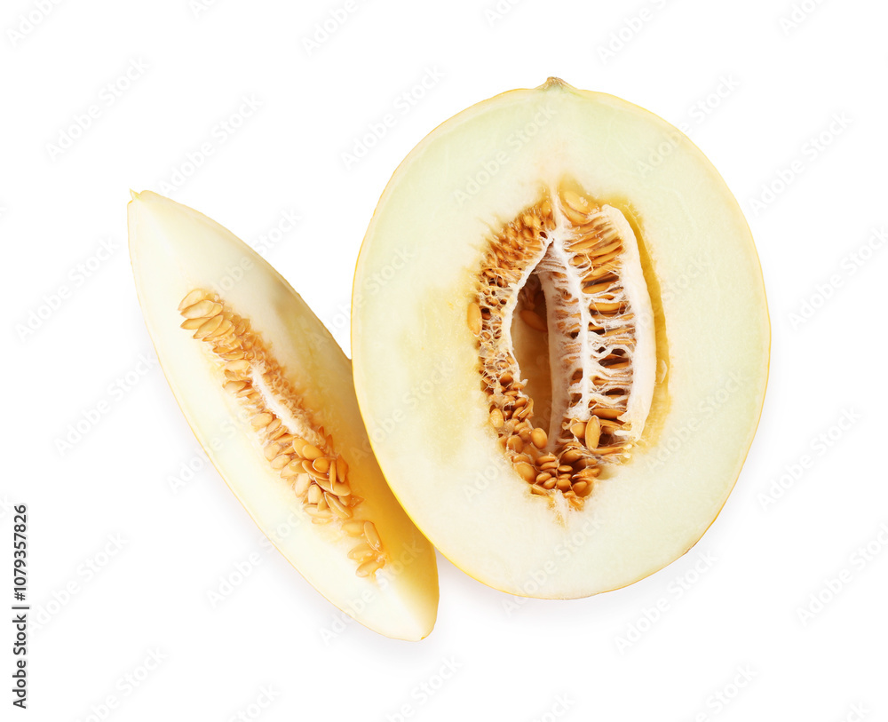 Pieces of ripe melon isolated on white, top view Pieces of ripe melon isolated on white, top view