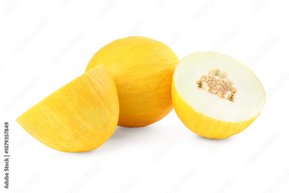 Whole and cut ripe melons isolated on white Whole and cut ripe melons isolated on white