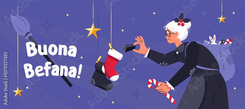 Buona Befana! Text means Happy Befana. Italian old witch fill christmas socks with lump of coal. Eve of the feast of the Epiphany.