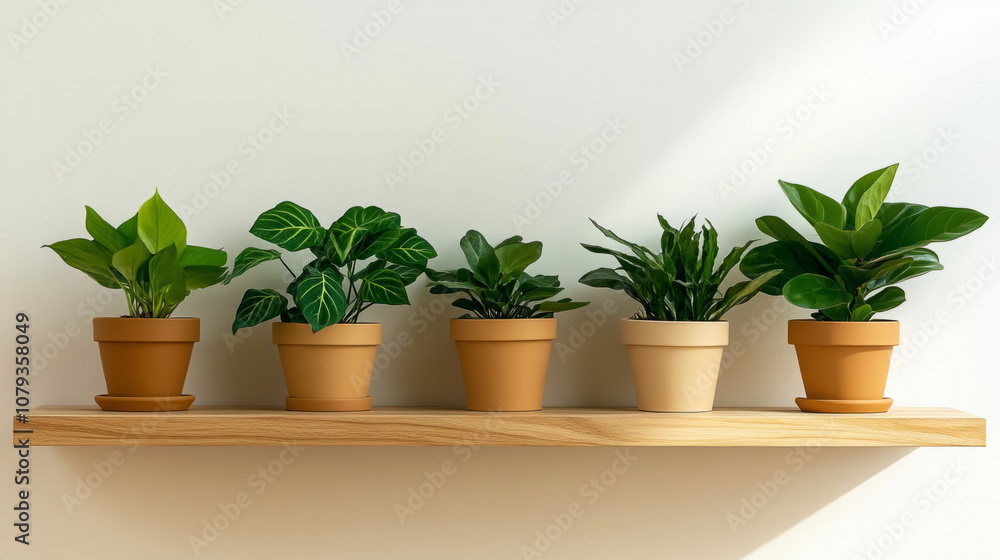 Five potted plants on a wooden shelf in a bright indoor space Five potted plants on a wooden shelf in a bright indoor space