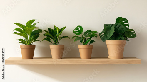 Wallpaper Mural Indoor plants displayed on a wooden shelf, creating a fresh atmosphere Torontodigital.ca