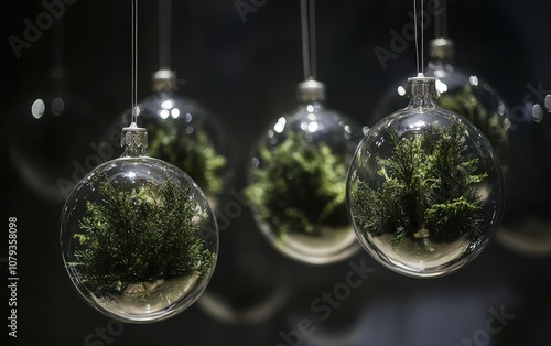 Clear Ornaments with Greenery Inside  Glass baubles filled with sprigs of pine and holly for a natural look.  photo