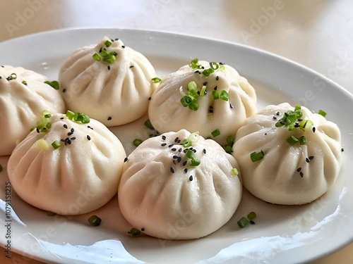 Photography Chinese pan fried pork bun on white plate