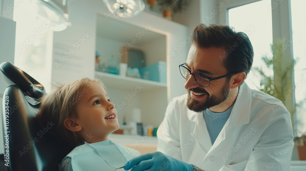 A calm, professional dentist comforting a child patient in a cozy dental clinic A calm, professional dentist comforting a child patient in a cozy dental clinic