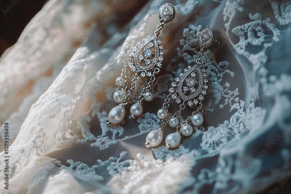 A pair of intricate chandelier earrings made of platinum and adorned with small pearls and diamonds, lying on a lace cloth A pair of intricate chandelier earrings made of platinum and adorned with small pearls and diamonds, lying on a lace cloth