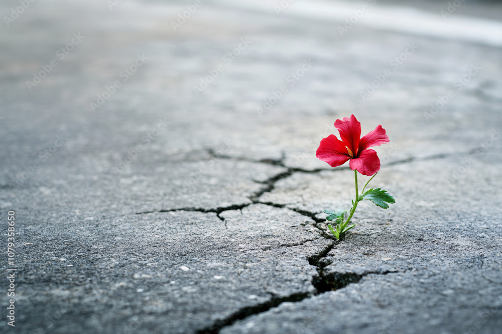 A red flower grows through a crack in the concrete symbolizing resilience and strength in a tough urban environment
A red flower grows through a crack in the concrete symbolizing resilience and strength in a tough urban environment