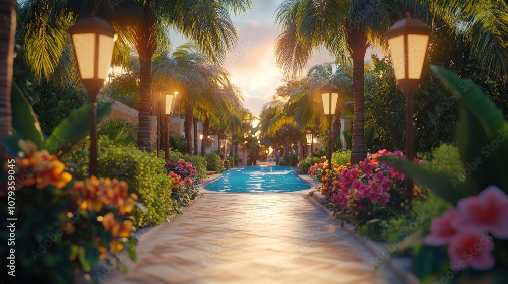 Serene garden pathway with palm trees and lanterns beside a tranquil pool at sunset. Serene garden pathway with palm trees and lanterns beside a tranquil pool at sunset.