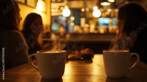 Steaming Coffee Cups on a Wooden Table in a Cozy Café with Friends Chatting in the Background