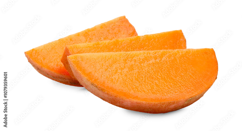 Pieces of raw sweet potato isolated on white Pieces of raw sweet potato isolated on white