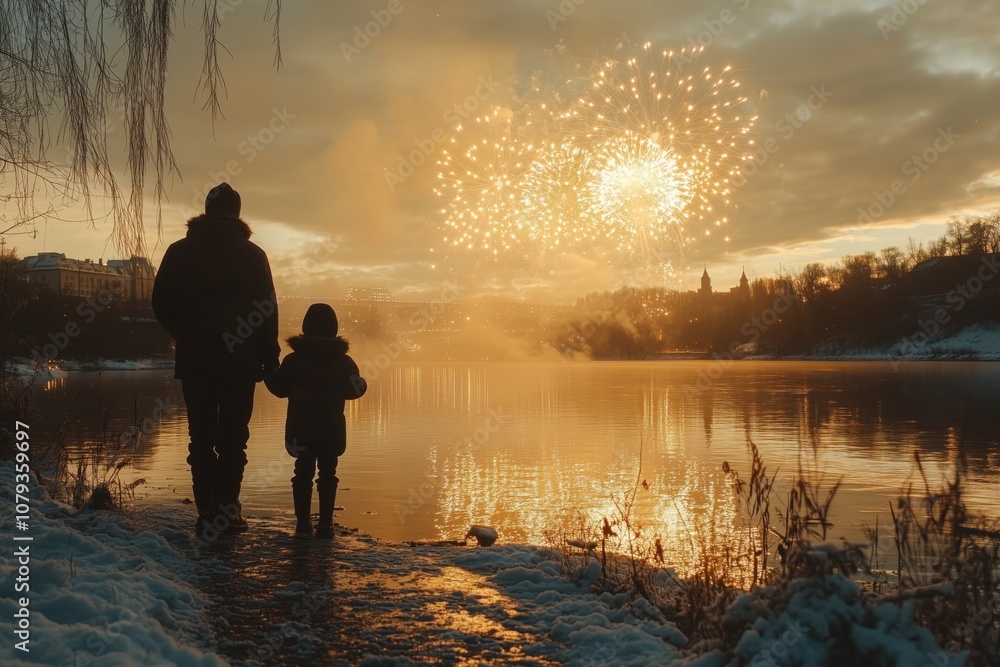 Father and Child Watching Fireworks Over a River in a Winter Landscape Father and Child Watching Fireworks Over a River in a Winter Landscape