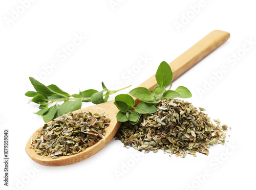 Dried oregano, green leaves and wooden spoon isolated on white photo