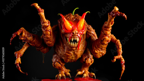 Nightmarish creature made of fused chicken wings greasy, twisted appendages with bones jutting out dripping hot sauce eyes of glowing molten peppers crispy yet horrifying photo