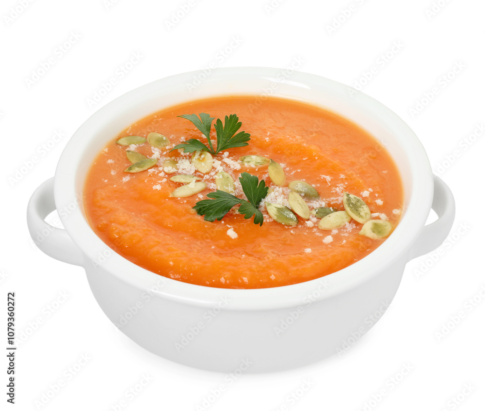 Delicious sweet potato soup with pumpkin seeds and parsley in bowl isolated on white Delicious sweet potato soup with pumpkin seeds and parsley in bowl isolated on white
