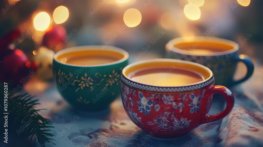 Holiday season tea party with vibrant cups, soft lighting, cozy atmosphere Holiday season tea party with vibrant cups, soft lighting, cozy atmosphere