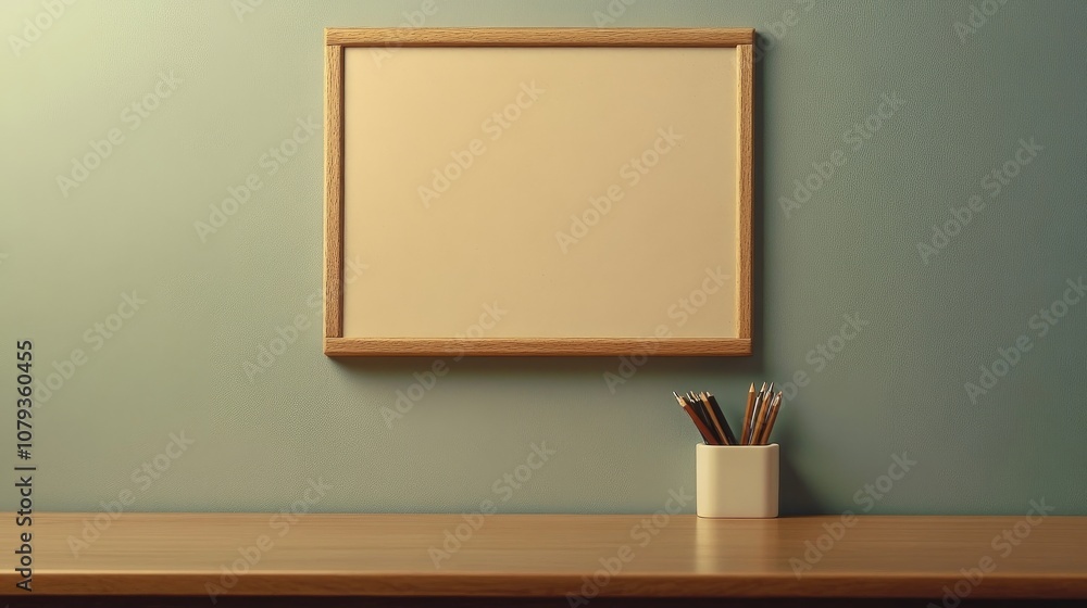 Fototapeta premium Empty frame hanging on green wall with pencils on desk