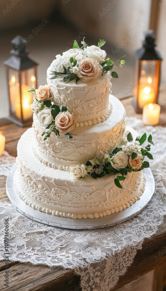 Three-tier wedding cake adorned with roses and greenery, surrounded by lanterns and candles for a warm, rustic celebration. Three-tier wedding cake adorned with roses and greenery, surrounded by lanterns and candles for a warm, rustic celebration.