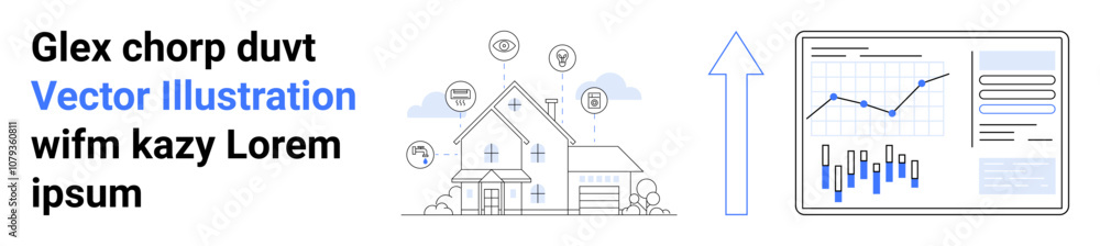 House with connected smart devices icons, rising arrow, and data charts. Ideal for real estate, analytics, smart home, technology, data visualization, investment, digital transformation. Landing page House with connected smart devices icons, rising arrow, and data charts. Ideal for real estate, analytics, smart home, technology, data visualization, investment, digital transformation. Landing page