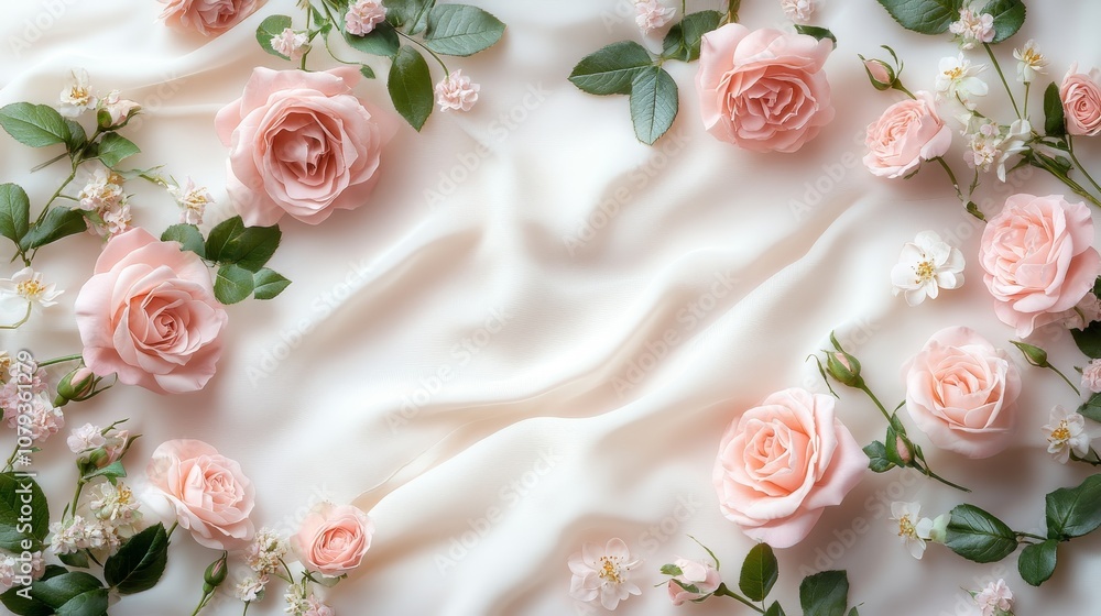 A soft, gentle abstract background featuring pink roses and delicate flowers arranged on a silky, cream-colored fabric A soft, gentle abstract background featuring pink roses and delicate flowers arranged on a silky, cream-colored fabric